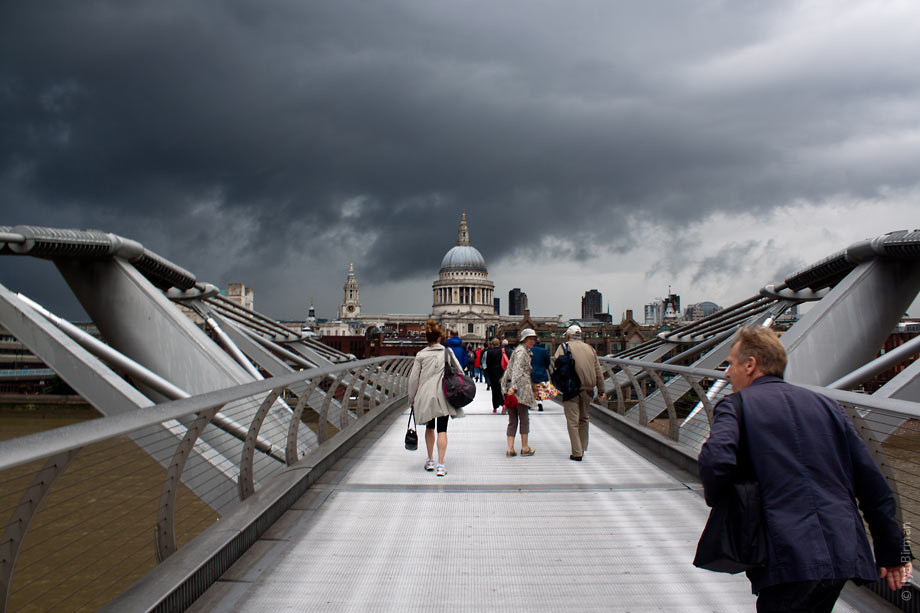 People on Millenium bridge seconds before the rain