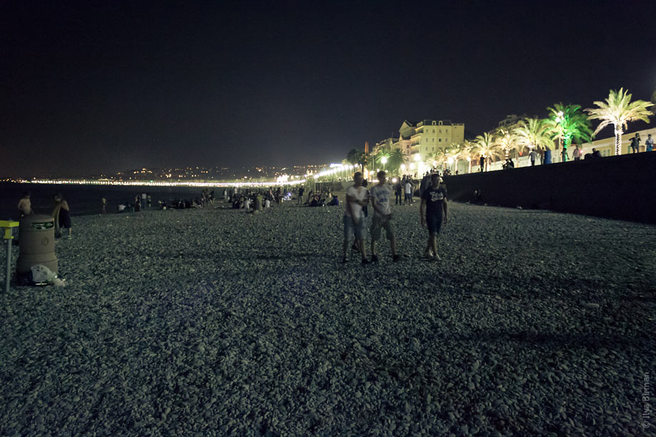 The beach in Nice is crowded at night