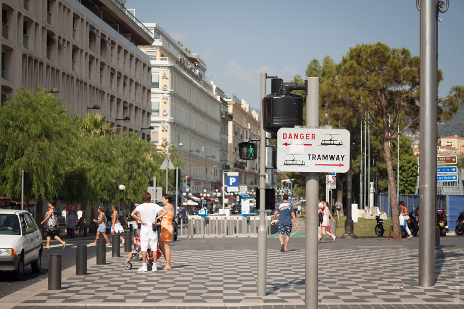 The danger is on the left, but the tram is on the right